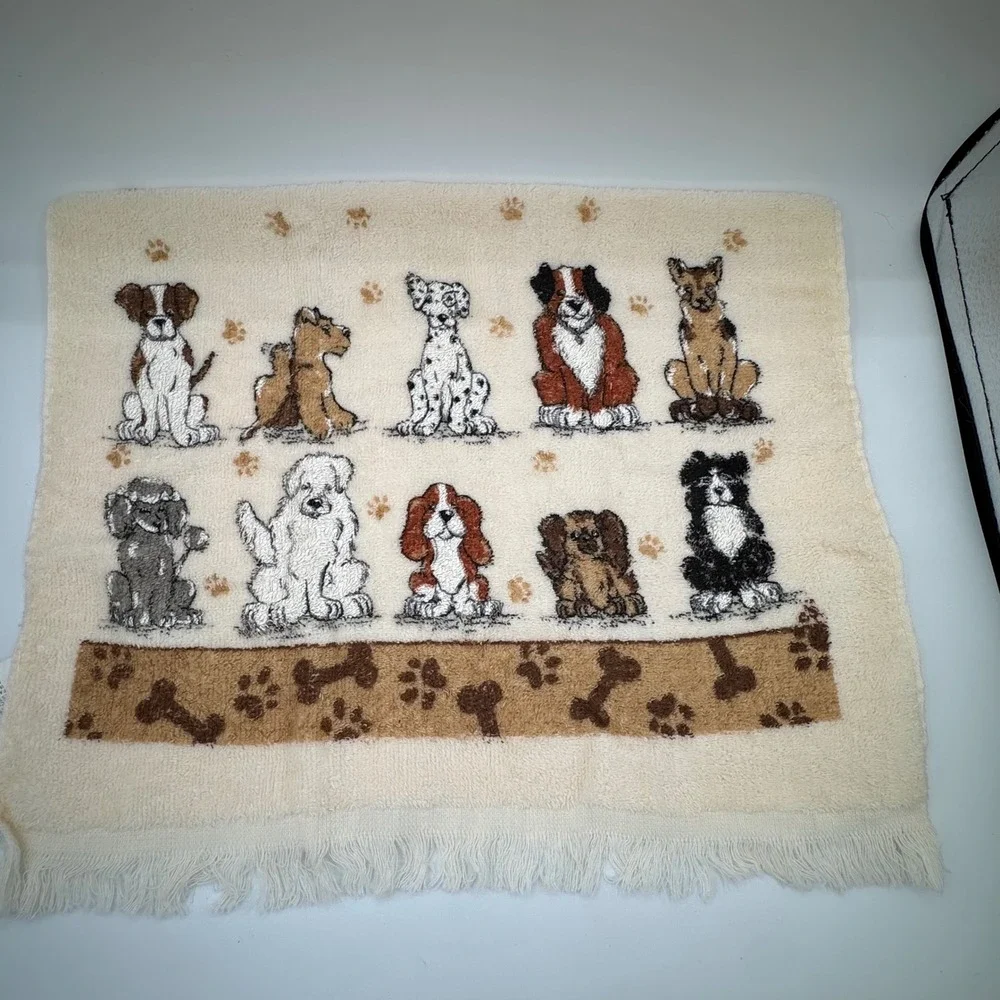 Vintage Cecil Saydah Puppy Dog Hand Towel Washcloth Set Cream Cotton 90s Decor